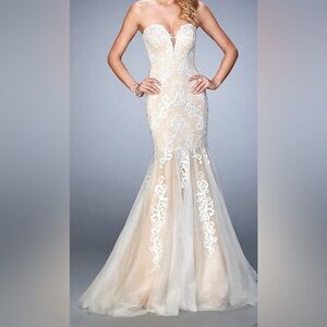 La Femme Champagne White Overlay Strapless Gown Size 4